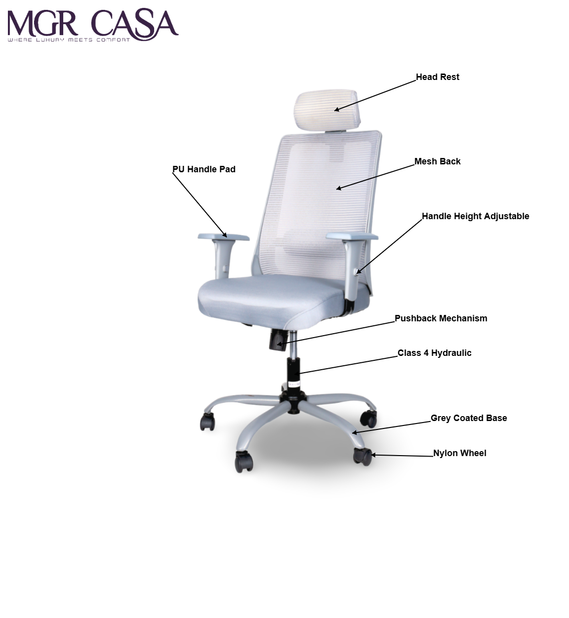 MGR HILITE GREY HIGH BACK MESH OFFICE CHAIR
